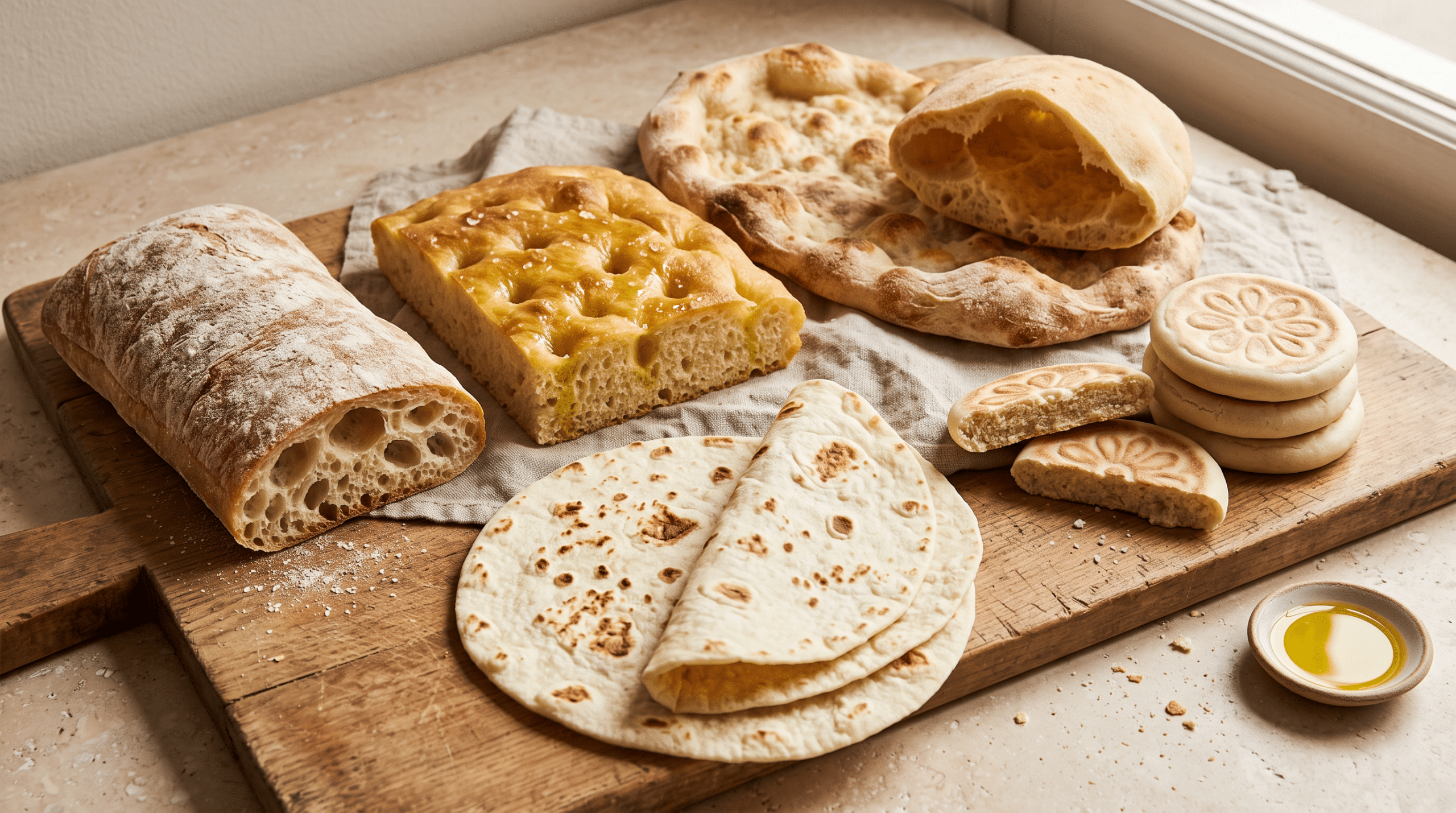 Włoskie pieczywo i placki na desce: ciabatta, focaccia, piadina, tigelle, pinsa i przekrojona puccia